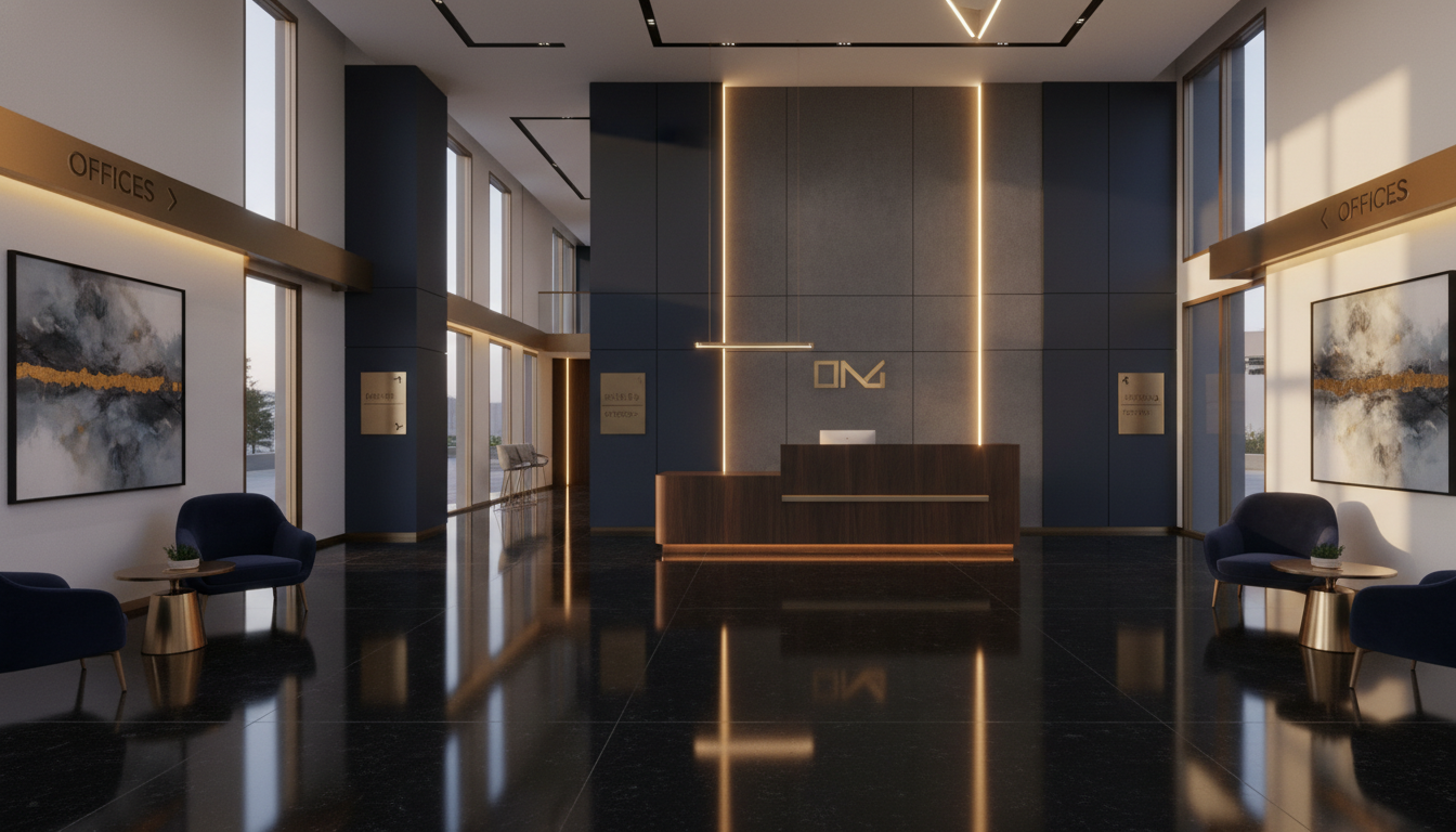 Lobby de oficina corporativa premium con iluminación dorada al atardecer