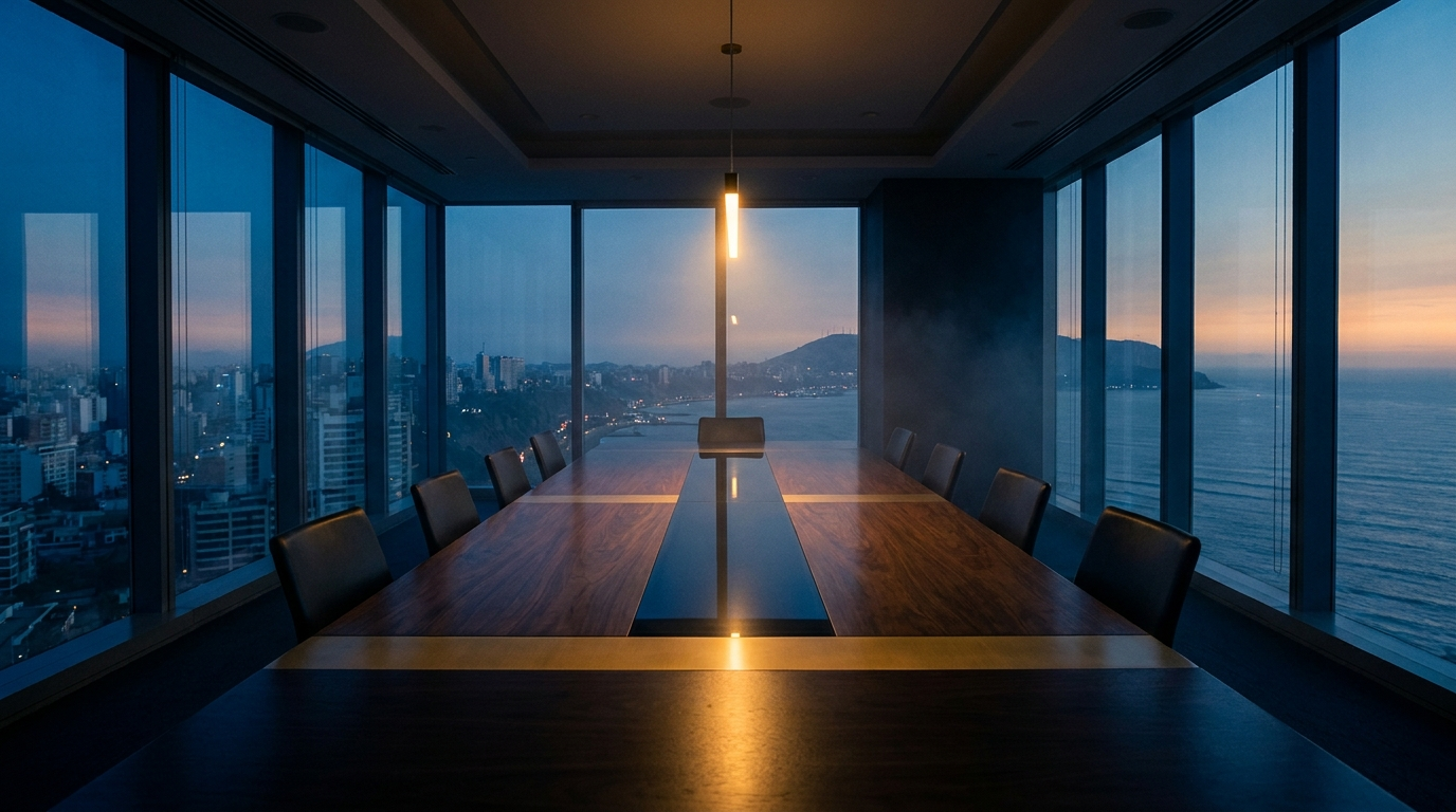 Sala de directorio corporativa premium en Lima con iluminación dorada y arquitectura minimalista