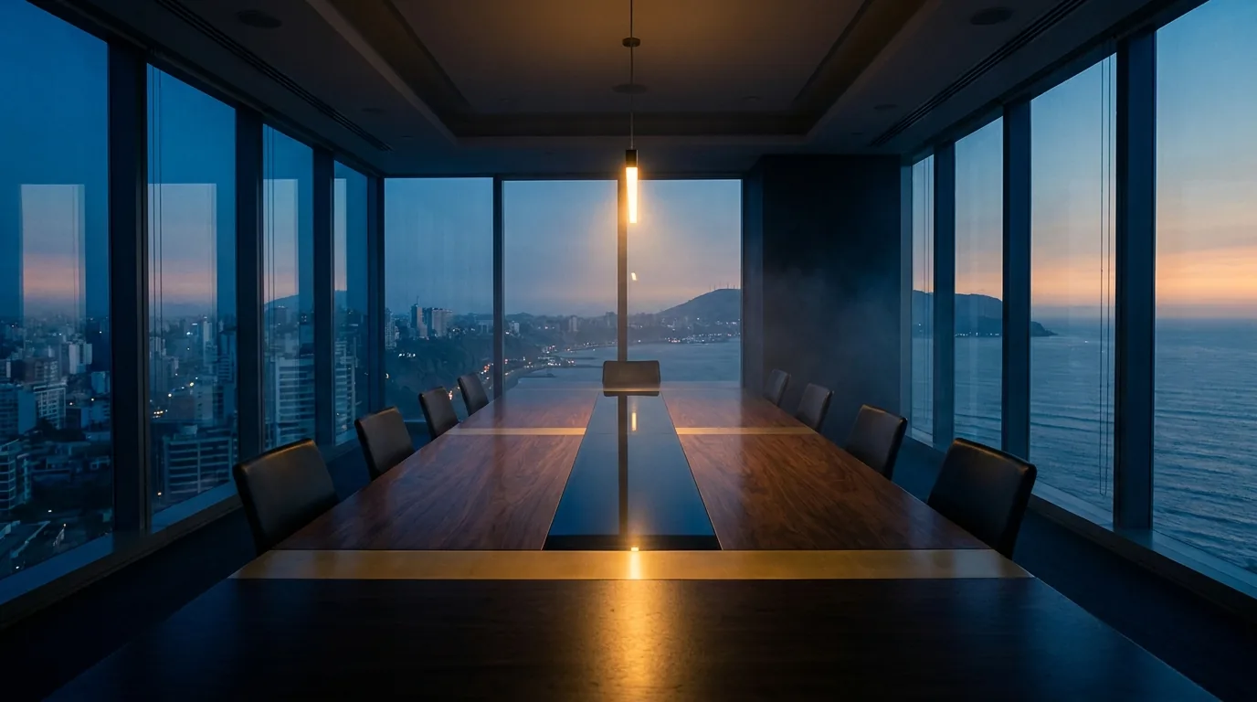 Sala de directorio corporativa premium en Lima con iluminación dorada y arquitectura minimalista